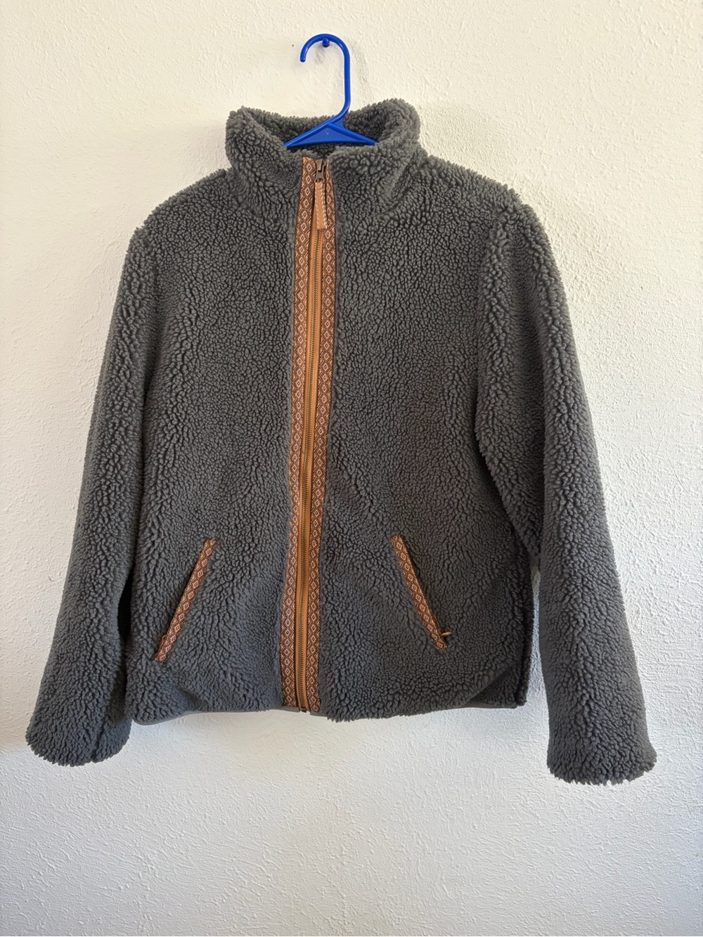 Faherty Charcoal Sherpa Zip Jacket with Tan Trim
